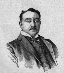Portrait de Sir Cecil Rhodes (1853-1902), gouverneur anglais de la colonie du Cap en Afrique du Sud (Transvaal). Gravure dans « La gazette du dimanche » du 16 janvier