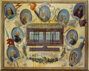 Portrait de figures historiques et vue du café parisien Le Procope : Benjamin Franklin, Jean Jacques Rousseau, Voltaire, Jean D