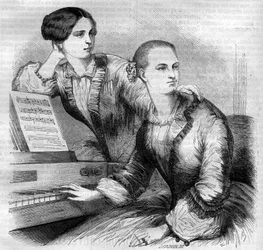 Portrait des sœurs Cruvelli, danseuses allemandes. Sophie Cruvelli (Johanna Sofia Charlotte Cruwell, dite) (1826-1907) et Marie Cruvelli (Friederike Marie Cruwell, dite) (1824-1868). Gravure de 1852.