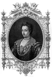 Portrait de la Vénitienne Bianca Cappello (1548 - 1587), épouse de François de Médicis. Gravure de 1862 dans "Les Reines du Monde" par nos premiers écrivains. Livre publié sous la direction de J. G. D. Armengaud