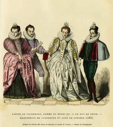 Portraits en 1581, de Louise de Vaudémont (1553-1601), reine de France, épouse de Henri III (1551-1589), du troisième duc de Guise, Henri Ier, dit le Balafré (1549-1588), de Marguerite de Lorraine (1564-1625) fille du comte de Vaudémont (Nicolas)