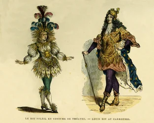 Portraits du roi Louis XIV (1638-1715), en costume de théâtre et de carrousel. Gravure en couleurs, dans "France et les français à travers les siècles" par Augustin Challamel, F.Roy éditeur, Paris 1882. Collection Selva