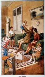 Calendrier des postes et télécommunications représentant une scène familiale, 20e siècle (impression)