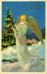 Carte postale, vœux de Noël : ange avec trompette sur des nuages. Début du 20e siècle