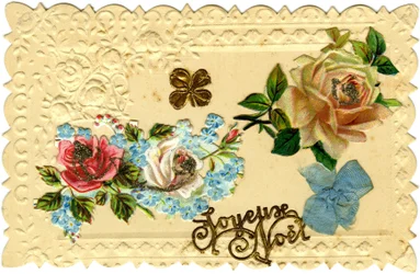Carte postale : Joyeux Noël (papier embossé, découpé en chromolithographie et doré, tissus)