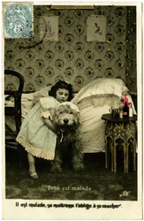 Carte postale : Toto est malade, il est malade, sa maîtresse le force à aller au lit, Prince