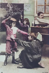 Carte postale critiquant le système éducatif laïque, vers 1910