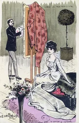 Carte postale représentant un peintre de portraits à la mode au travail, 1910
