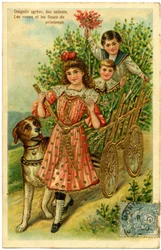 Carte postale, veuillez accepter, les souhaits des enfants et les fleurs de printemps (papier imprimé en chromolithographie avec dorure ajoutée)