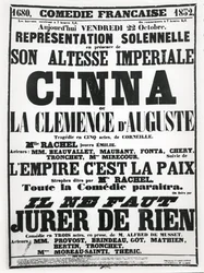 Affiche publicitaire pour une représentation à la Comédie-Française le 22 octobre 1852, de la tragédie de Corneille, Cinna, suivie d