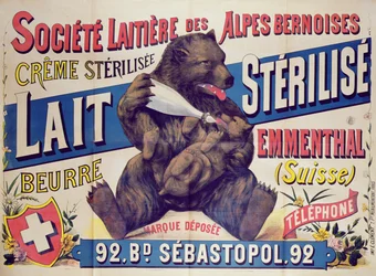 Affiche publicitaire pour le lait stérilisé, le beurre et le fromage Emmental de la Société Laitière des Alpes Bernoises, 1895-1900