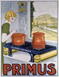 Affiche publicitaire pour le réchaud Primus, imprimée par Dampenon & Elarue