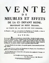 Affiche annonçant la vente des meubles et effets de Marie-Antoinette le 25 août