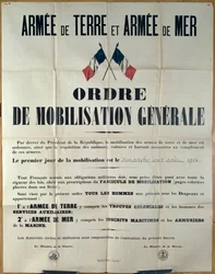 Affiche annonçant la mobilisation générale en France, 2 août 1914 par le Ministère de la Guerre et de la Marine