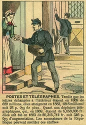 Postes et télégraphes, illustrant le bon fonctionnement des télécommunications et de la Poste grâce à la République. Gravure, dans « Le Figaro, supplément », le 30/03/1889, Paris. Coll. Selva.