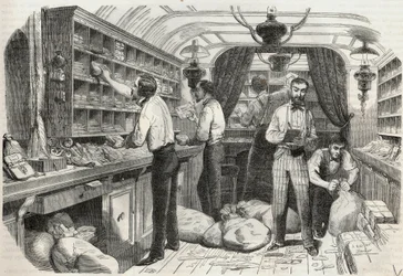 Postes : intérieur du bureau ambulant - Gravure dans « Tableau-de-Paris » par Edmond Texier 1852