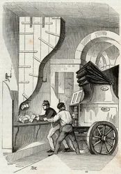 Postes : le chargement de la malle-poste - Gravure dans « Tableau-de-Paris » par Edmond Texier 1852