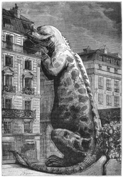 Monstre préhistorique dans une ville moderne, gravé par Motty (XIXe siècle) illustration de Le Monde Avant la Création de l