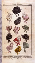 Mode du Premier Empire : différents modèles de chapeaux pour femmes, casque en velours, chapeaux en satin, chapeau et capotes. Gravure de 1811