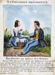 Expression prépositive (La dinette au milieu des champs) - livre de grammaire en images, vers 1850