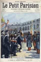 Présentation du drapeau du Régiment de Chine par le général Faure-Biguet au général Arnoux gouverneur aux Invalides à Paris, dans « Le Petit Parisien » 1901 (gravure)