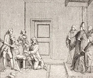 Prisonnier soumis à la torture du brodequin, 1875