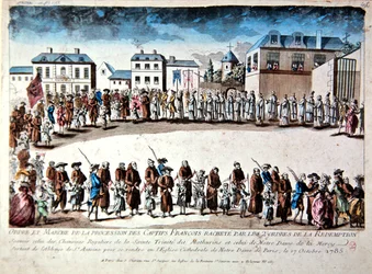 Procession à Paris de prisonniers français libérés de captivité en Algérie par paiement de rançon