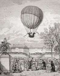 Le professeur Jacques Charles et Nicolas-Louis Robert volent le premier ballon à hydrogène habité au monde le 1er décembre 1783 dans les jardins des Tuileries, Paris, de 