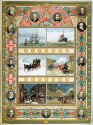 Le progrès sous le règne de la reine Victoria (1819-1901). Voiliers, bateaux à vapeur, train à vapeur et éclairage public au gaz et à l