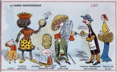 Carte promotionnelle et éducative représentant les spécialités alimentaires de la région du Lot, vers 1910