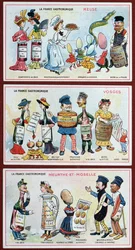 Cartes promotionnelles et éducatives pour enfants représentant les spécialités alimentaires de la région Lorraine, c.1910