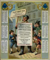 Calendrier promotionnel pour 1887 faisant la publicité des tailleurs et mercerie Canavy Frères, vers 1886