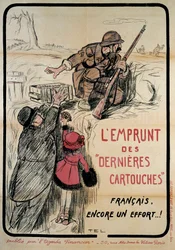Affiche de propagande pendant la Première Guerre mondiale : «Empruntons les dernières cartouches, Français, encore un effort», XXe siècle. Collection Allons-y.