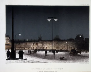 Éclairage public à la lumière électrique sur la place du Carrousel à Paris 1883 - dans « Magnétisme et électricité » d’Amédée Guillemin