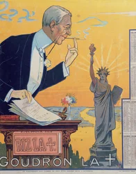 Calendrier publicitaire pour le fabricant de papier à cigarettes Rizla, représentant le président Woodrow Wilson (1856-1924) et la 15e proposition pour la Société des Nations, 1920
