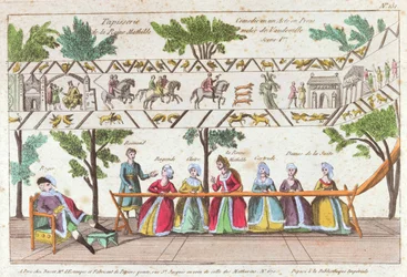 La reine Mathilde et ses servantes tissant la Tapisserie de Bayeux, scène d