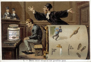 Rébus et scène illustrant le proverbe « Bien mal acquis ne profite jamais » - chromo Liébig