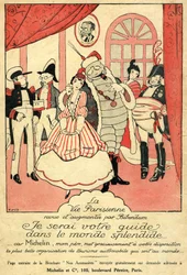 Souvenir de 1914 pour le pneu Michelin. La Vie Parisienne revue et augmentée par Bibendum : « Je serai votre guide dans le monde splendide, car Michelin, mon père, vous offre la plus belle organisation de tourisme automobile au monde. » Sur le mur, un