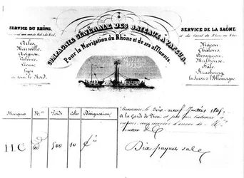 Reçu pour marchandises émis par la Compagnie Générale des Bateaux Vapeur Pour la Navigation du Rhône et de ses affluents