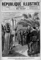 Réception des ambassadeurs siamois au Ministère des Affaires Étrangères. Un journal. Gravure de 1880 dans "La république illustrée". Collection privée