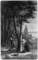 Récolte de manne sur frênes à feuilles rondes. Gravure dans "Le Journal de la jeunesse"