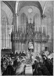 Art religieux : statue de Notre Dame du Pilier ou « Vierge Noire » (vers 1540) dans la cathédrale de Chartres (Eure-et-Loir, 28) en 1858. Gravure dans « Le Monde Illustré » n°89 du 25 décembre 1858.