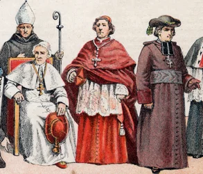 Costumes religieux : évêque avec mitre et crosse, Pape Léon XIII assis, cardinal en cappa magna