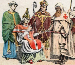 Costumes religieux au Moyen Âge : de gauche à droite, un prêtre du Xe siècle, un pape du XIe siècle, un évêque avec mitre et crosse du XIIe siècle, et un membre de l