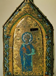 Châsse reliquaire avec scènes de la vie de Sainte Valérie, Limoges, vers 1175 (bois, cuivre et émail cloisonné, gravé et doré)
