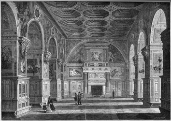 Architecture de la Renaissance : vue générale de la salle de bal avec plafond français réalisé par Niccolo dell