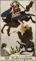 Représentation de Bellérophon, chevauchant Pégase, tuant la chimère. De « Mythologie de la jeunesse » par Pierre Blanchard 1803