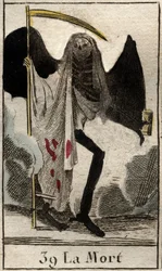 Représentation de la Mort, squelette vêtu de noir et ailé, tenant une grande faux. (La Mort, squelette ailé vêtu de noir, tenant une faux) Tiré de « Mythologie de la jeunesse » de Pierre Blanchard, 1803.