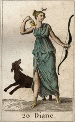 Représentation de Diane, déesse de la chasse, elle tient un arc et des flèches. Tiré de « Mythologie de la jeunesse » de Pierre Blanchard, 1803.