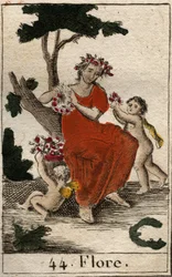 Représentation de Flore, déesse des fleurs. De « Mythologie de la jeunesse » par Pierre Blanchard 1803